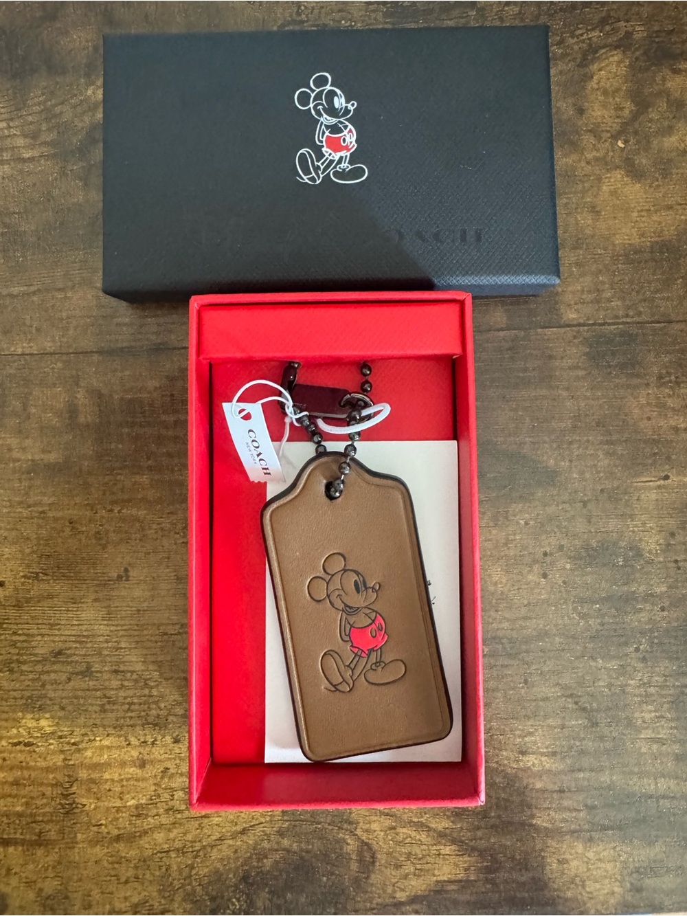 Coach Brown Leather Mickey Mouse Luggage Tag with Red Accents